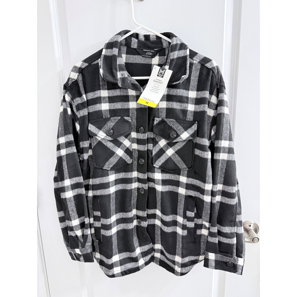 Members Mark Womens Shacket Black White Plaid Button Front Shirt Jacket Medium